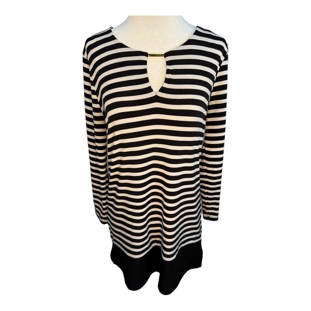 Calvin Klein Women's Striped Long Sleeve Keyhole Blouse Size Small Black/White